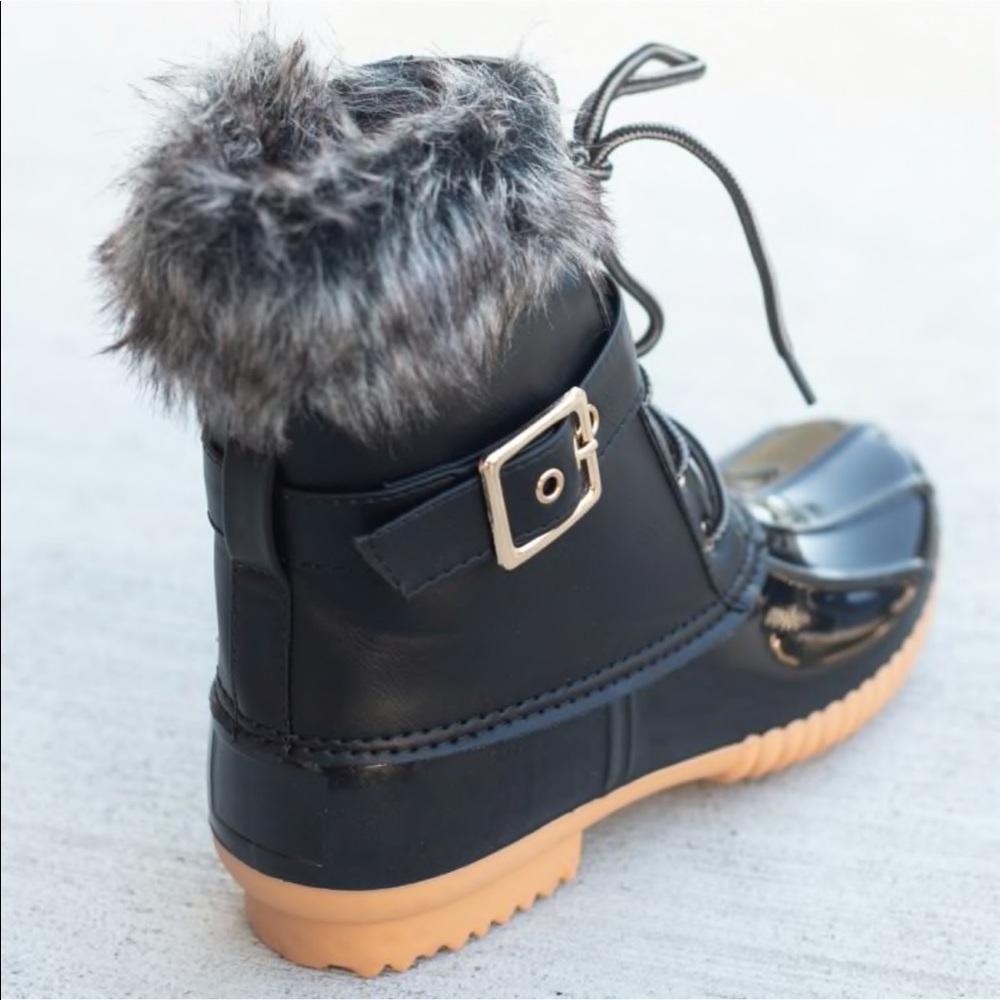 Black Furry Cuff Duck Rain Boots - Picture 4 of 8